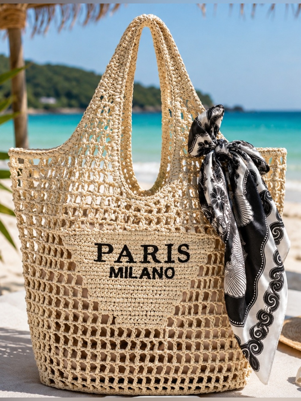 Handwoven Straw Beach Tote + Anthropologie Scarf Bundle – New ☀️👙🐚 - Picture 1 of 8
